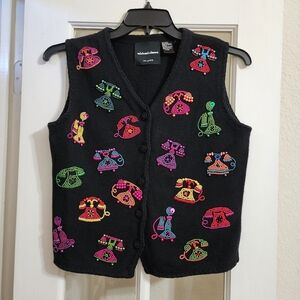 Vintage Michael Simon Beaded Telephone Vest Art Knit Whimsical Y2K READ DESC